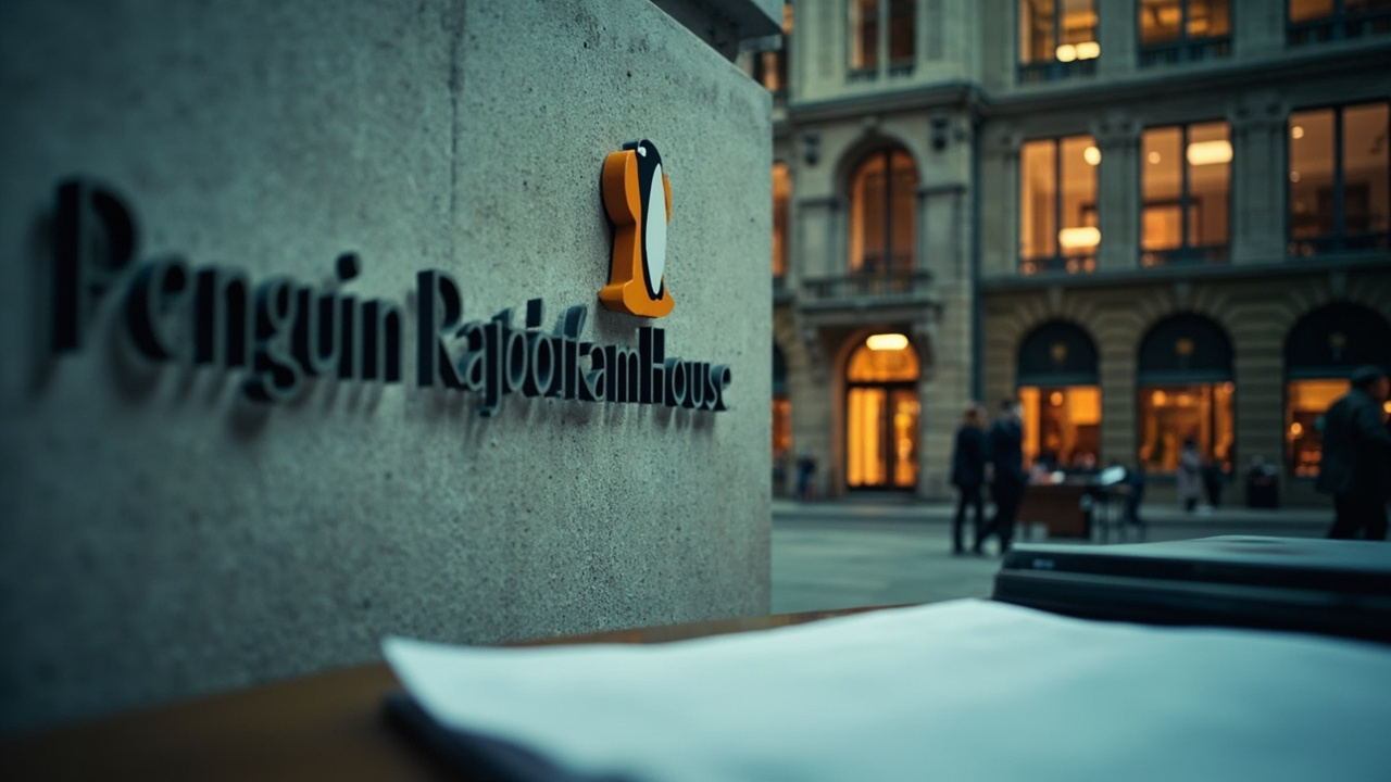 Penguin Random House logo outside a courthouse with legal documents