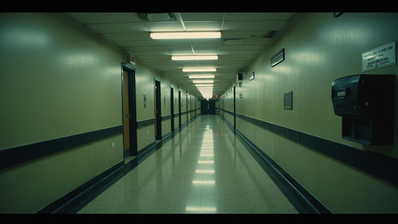 Empty Pentagon hallway with security badge readers, fluorescent lights off, press area signs removed