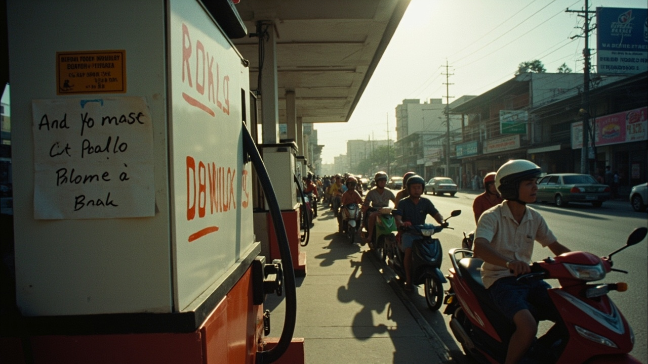 A fuel station in Manila with long queues of vehicles and a sign reading 'Limited Supply'
