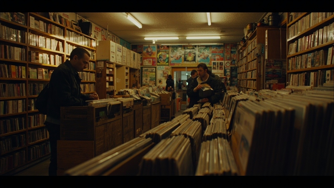 Independent record shop interior with vinyl displays, customers browsing on a busy Saturday