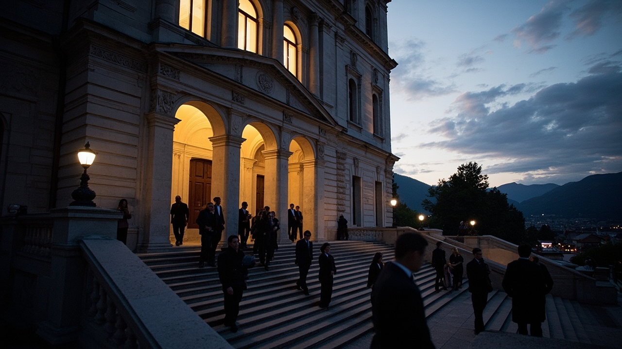 Salzburg Easter Festival concert hall exterior at dusk, audience departing after final performance
