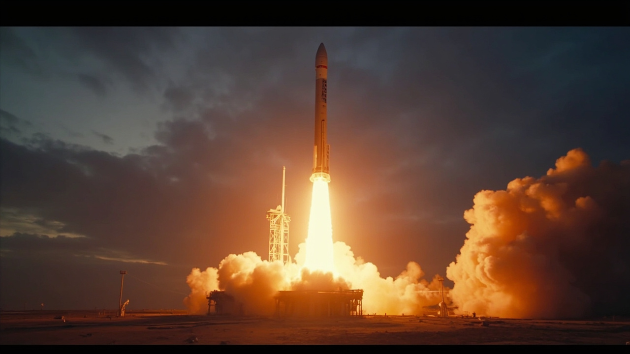 A SpaceX Falcon Heavy rocket launching at dusk with the company logo visible on the side, flames illuminating the launch pad