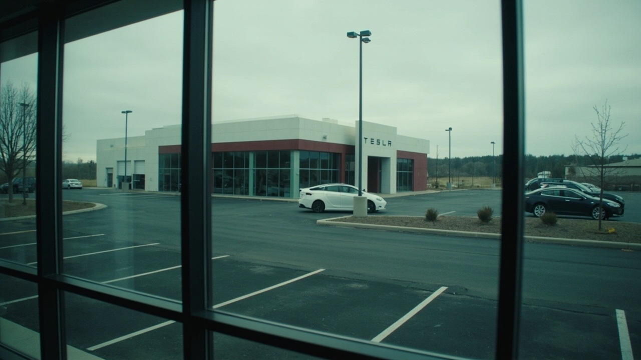 Tesla showroom with empty parking lot, reflection of closed dealership in glass windows