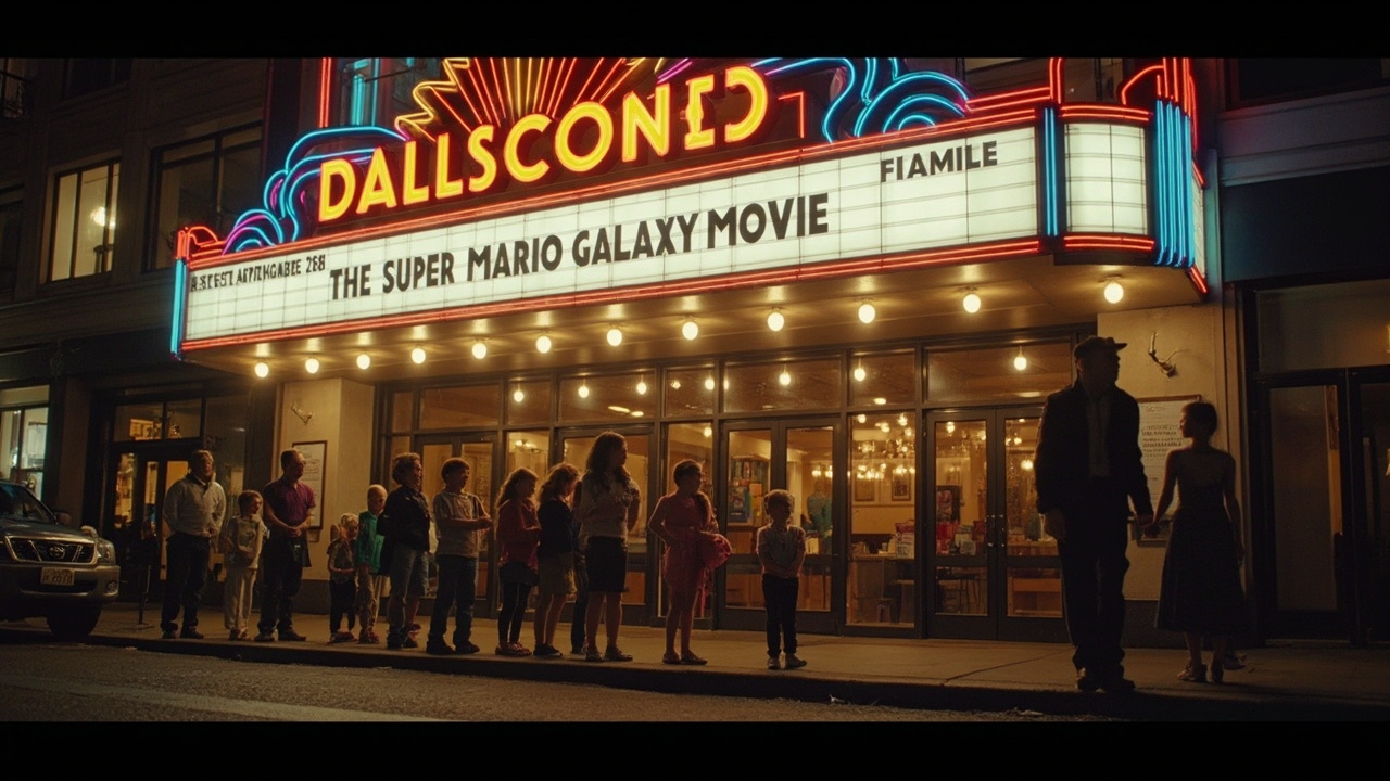 A movie theater marquee displaying The Super Mario Galaxy Movie with a line of families waiting outside under evening lights