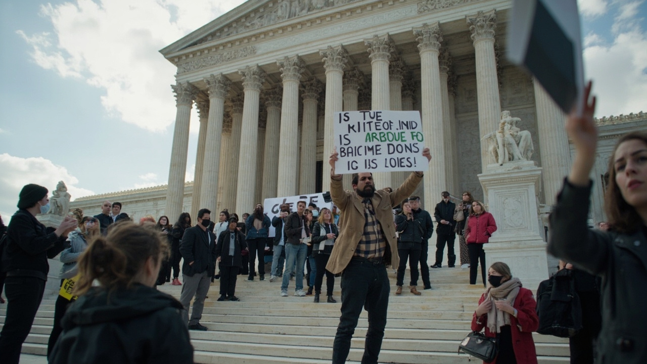 The Supreme Court building in Washington with protesters holding citizenship rights signs on the steps