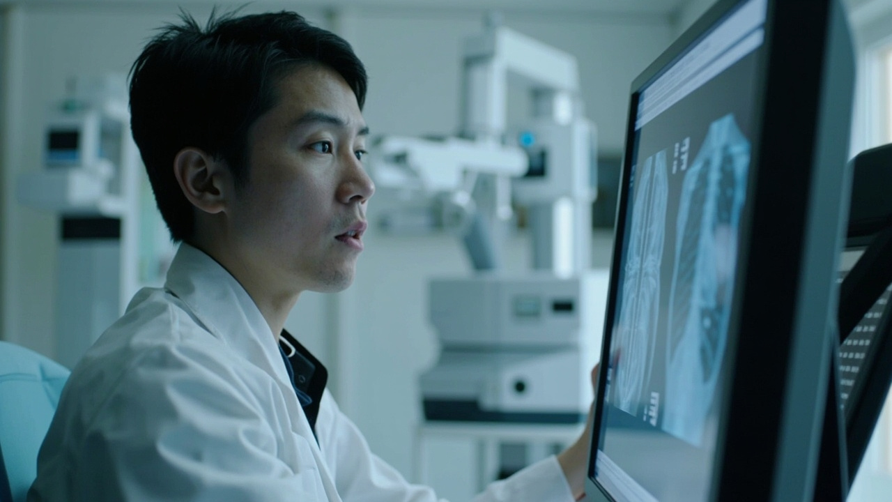 Medical researcher examining lung function data in a clinical laboratory setting