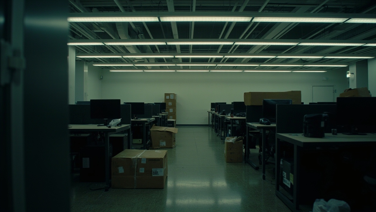 Empty office desks and abandoned workstations at a tech company