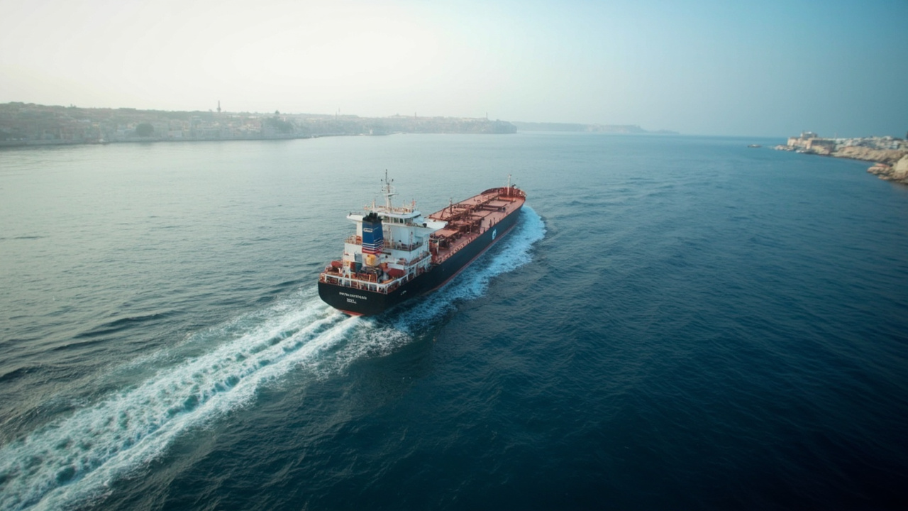 A Thai-flagged oil tanker transiting the Strait of Hormuz, Iranian coastline visible in the distance