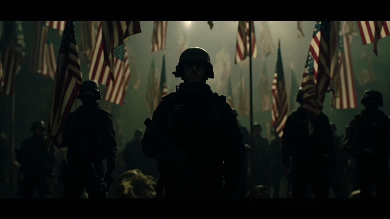A dark, gritty promotional image from The Boys Season 5 showing the characters in tactical gear against a backdrop of American flags