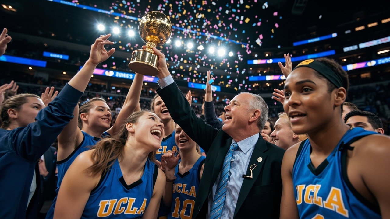 UCLA women's basketball team celebrates with the national championship trophy on the court