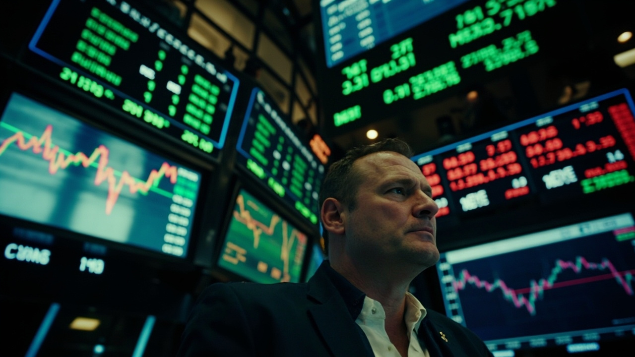 Stock trading floor with green and red numbers on screens, energy and defense sector tickers highlighted