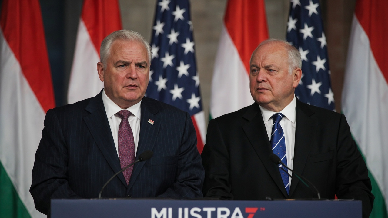 JD Vance and Viktor Orbán shaking hands at a press conference in Budapest with Hungarian and American flags behind them