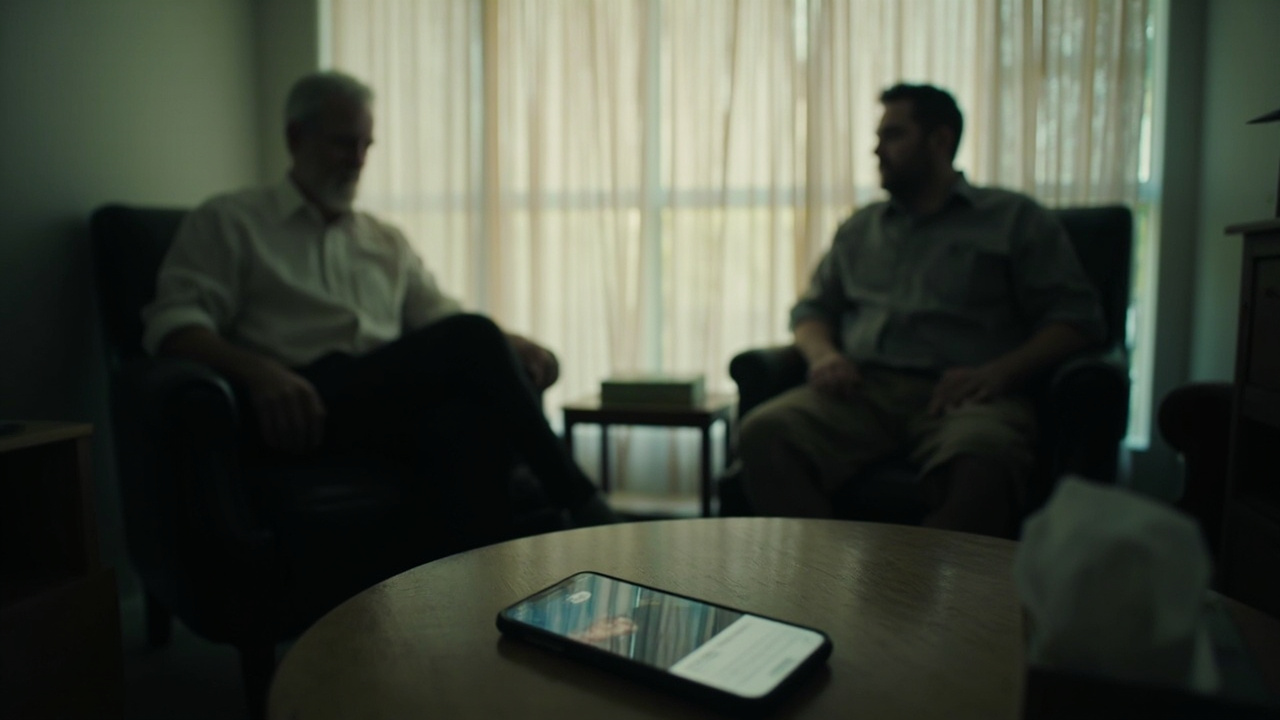 A therapist's office with soft lighting, a tissue box on the table, a phone screen showing war headlines face-down on the side table