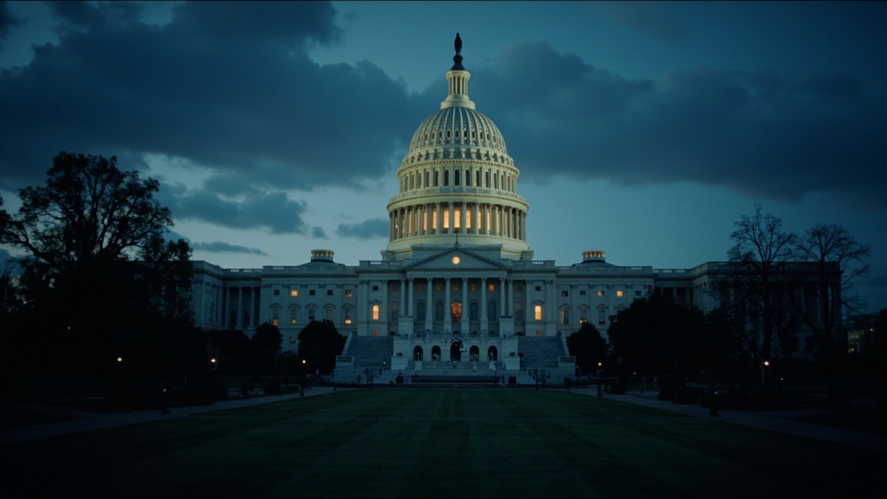 The US Capitol building at dusk, the chamber empty, a calendar showing April 29 circled