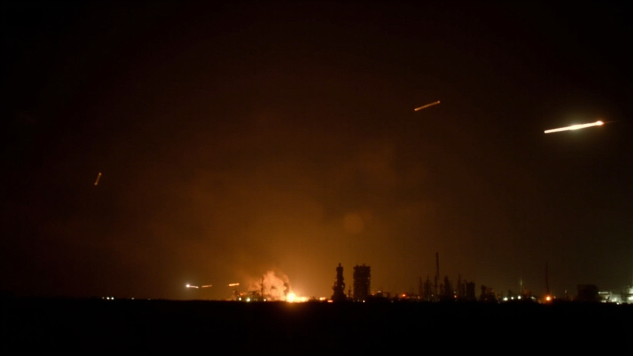 Night sky over the Gulf lit by explosions and missile trails, industrial facilities visible in the foreground