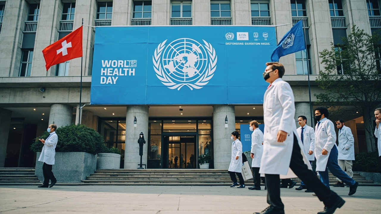 WHO headquarters exterior with World Health Day 2026 banner and healthcare workers in foreground
