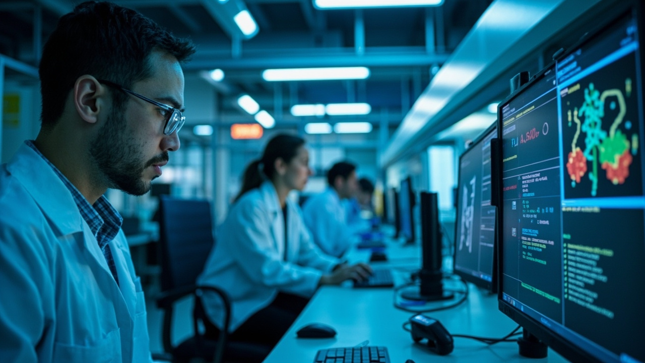 A laboratory setting with AI data visualizations displayed on a screen next to biological samples
