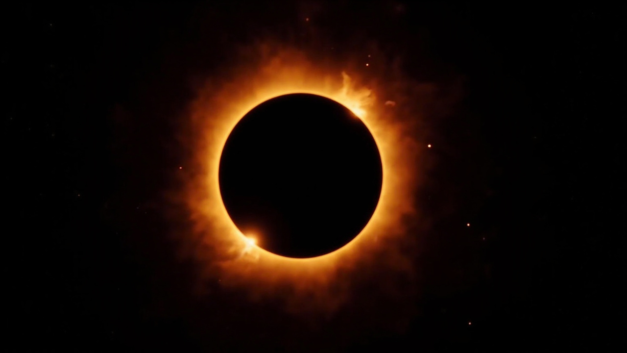 The far-side solar eclipse as photographed from behind the Moon, the Sun visible as a ring of fire corona around the Moon's silhouette in deep black space