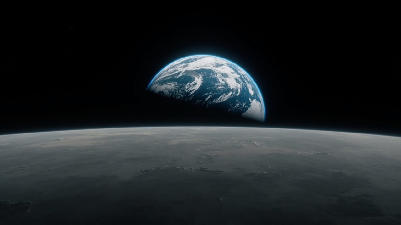 The Earth setting below the Moon's curved horizon as photographed from NASA's Orion spacecraft, the Earth half-illuminated against black space