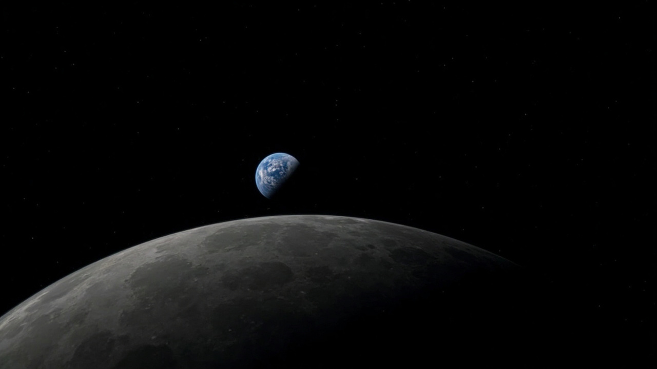 Earth rising over the lunar limb as seen from the Orion capsule, the blue-white planet against the black of space and the gray curved Moon surface below