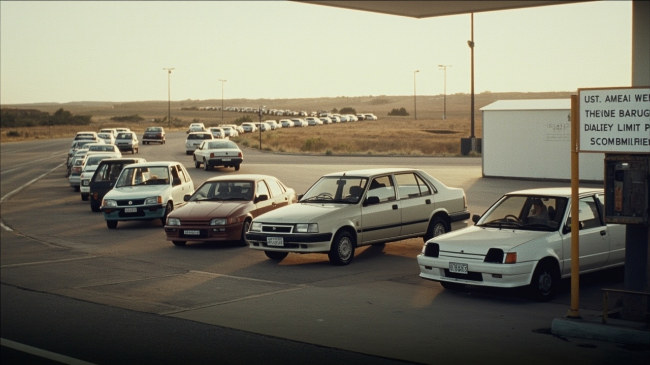 A queue of cars at an Australian petrol station with 'FUEL RATIONING IN EFFECT' sign visible, a parched outback landscape in the background