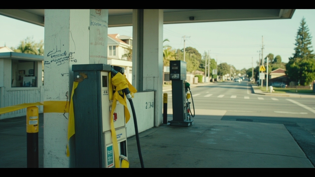An empty petrol station in suburban Australia with a hand-written 'No Fuel' sign on the pump