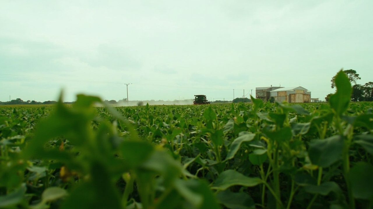 A Brazilian soy farm in Mato Grosso at harvest time, a grain truck loading in the background under an overcast sky