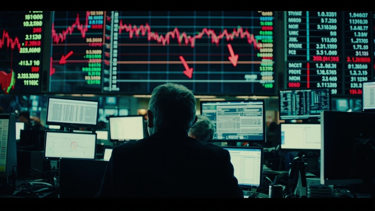 Oil price display boards showing falling prices at a commodities trading floor in London