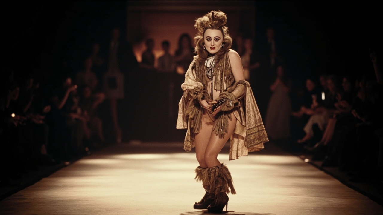 Performer in elaborate costume vogueing on a Broadway stage with dramatic lighting and runway-style catwalk