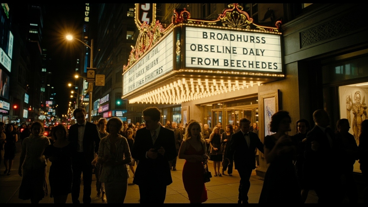 The Broadhurst Theatre marquee at night showing Cats The Jellicle Ball, with theatergoers in formal attire arriving under golden lights