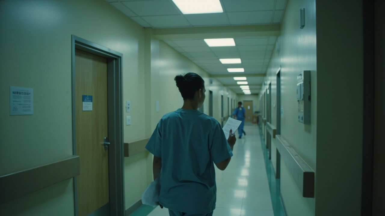 A hospital corridor near an Iranian industrial facility, a nurse in scrubs walking with a patient chart