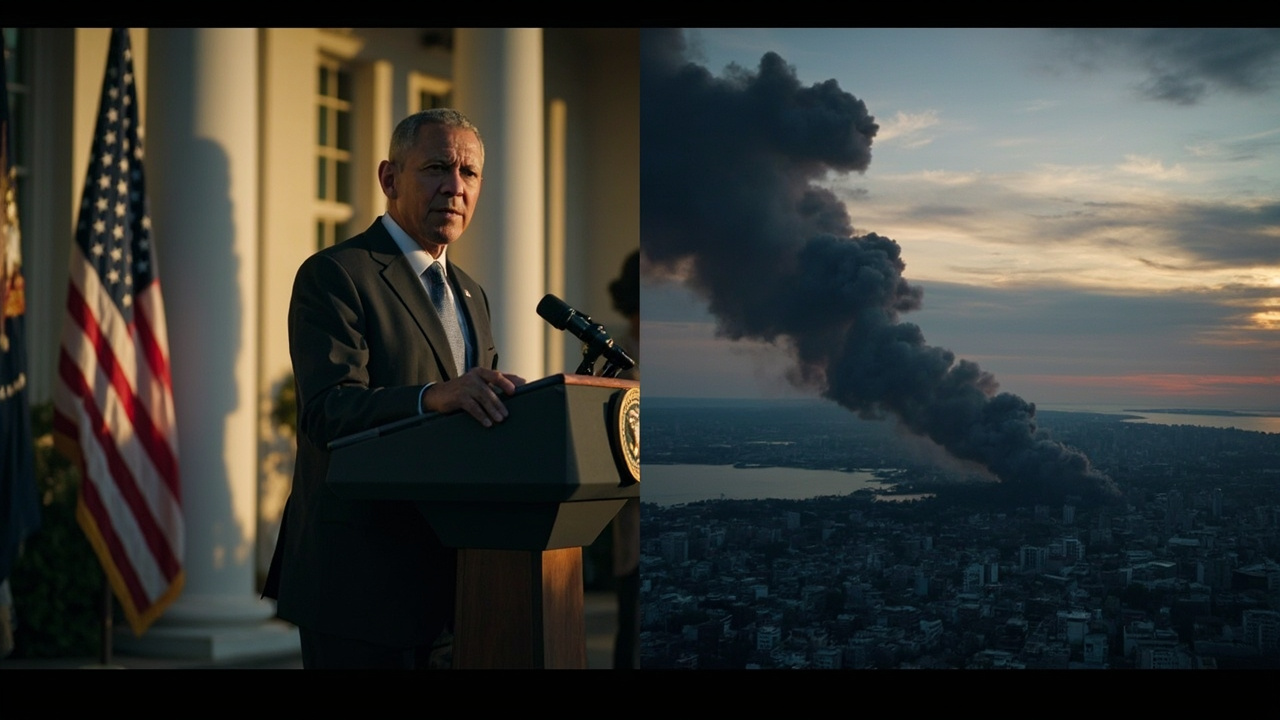 A split image showing Trump at a podium declaring victory on one side and smoke rising over Beirut on the other, with the Strait of Hormuz visible from above
