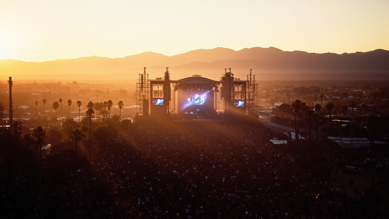 The Coachella main stage at dusk with the San Jacinto Mountains in the background, crowds visible on the festival grounds, stage lights beginning to illuminate