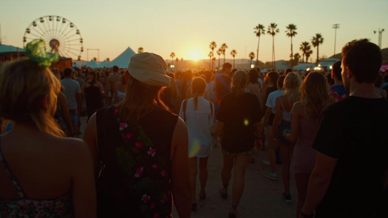 Crowds arriving at Coachella festival grounds at dusk, ferris wheel lit up on the horizon, stage lighting in distance