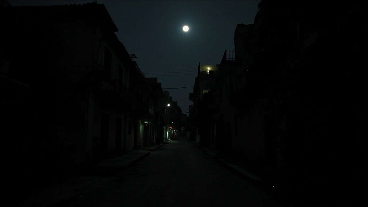 Havana neighborhood at night with most buildings dark, a few windows lit by candles or generators, streetlights off