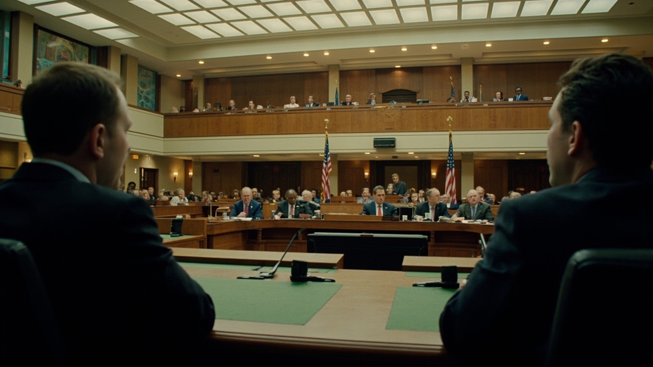 An empty congressional committee hearing room with the nameplate 'Judiciary Committee' visible, an empty witness table in foreground