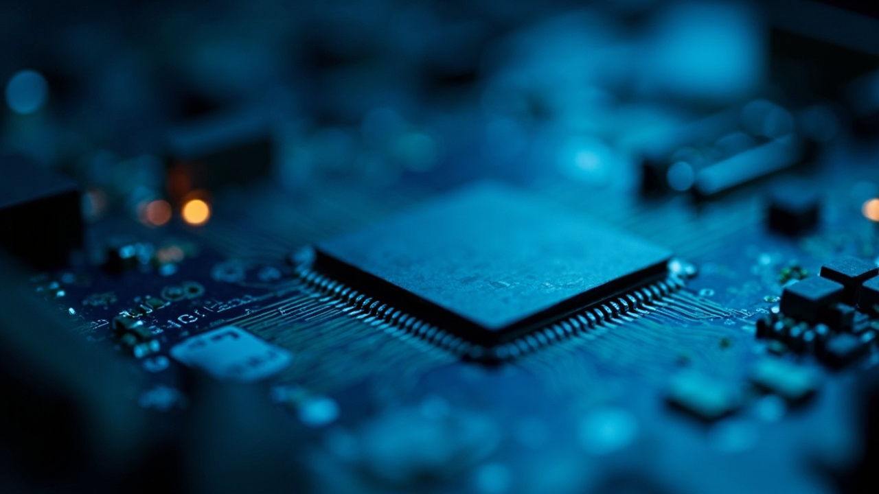 A Huawei Ascend AI chip on a circuit board, lab environment visible in background