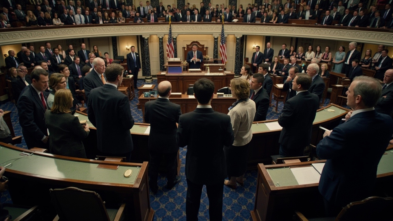 House chamber floor with representatives in discussion, some at desks reviewing documents, US flags flanking the Speaker's podium