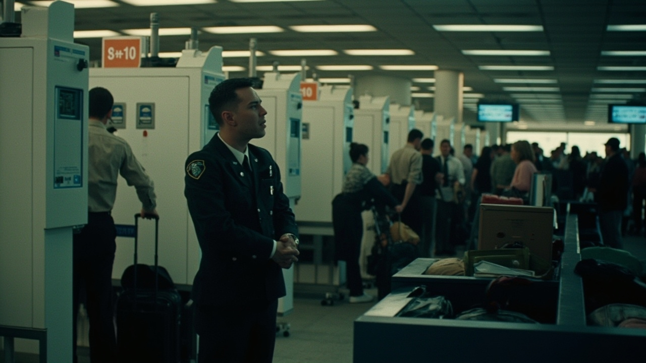 A TSA checkpoint at a major US airport with agents working, a small sign visible noting reduced staffing, passengers queueing in the background