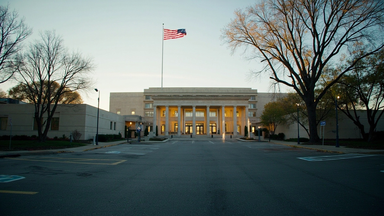 The Department of Homeland Security headquarters building in Washington DC with a nearly empty parking lot