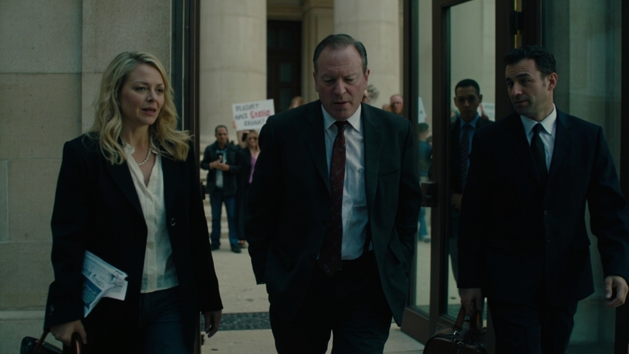 Don Lemon walking into a federal courthouse in Minnesota flanked by his legal team, supporters visible in the background