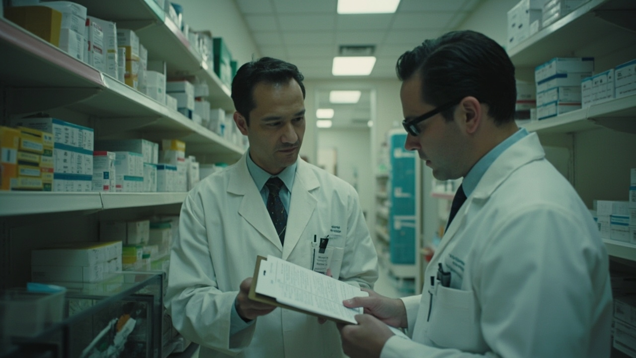 Pharmacy shelves partially empty in a US hospital pharmacy, a pharmacist reviewing an inventory list