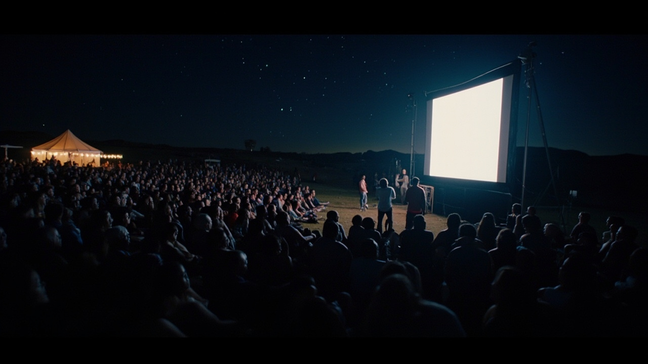 An outdoor film screening at night at a festival with a large crowd gathered, desert stars visible above, the glow of a film projection illuminating the crowd