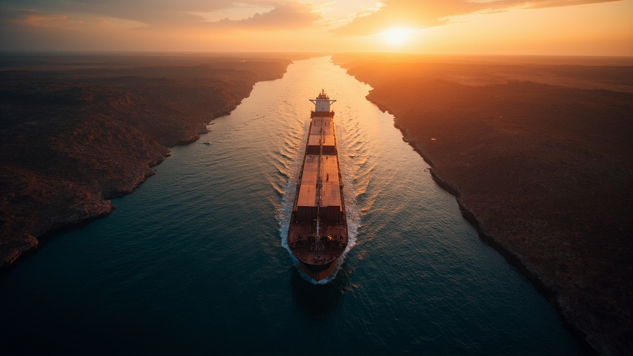 Bulk carrier ship navigating through the narrow Strait of Hormuz at dawn, Omani coastline visible in background