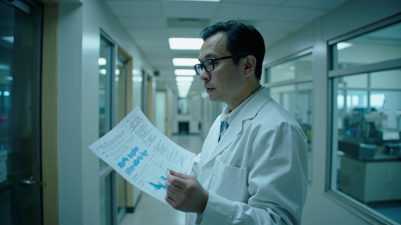 A research laboratory hallway at the NIH Bethesda campus, a researcher in a white coat reviewing documents
