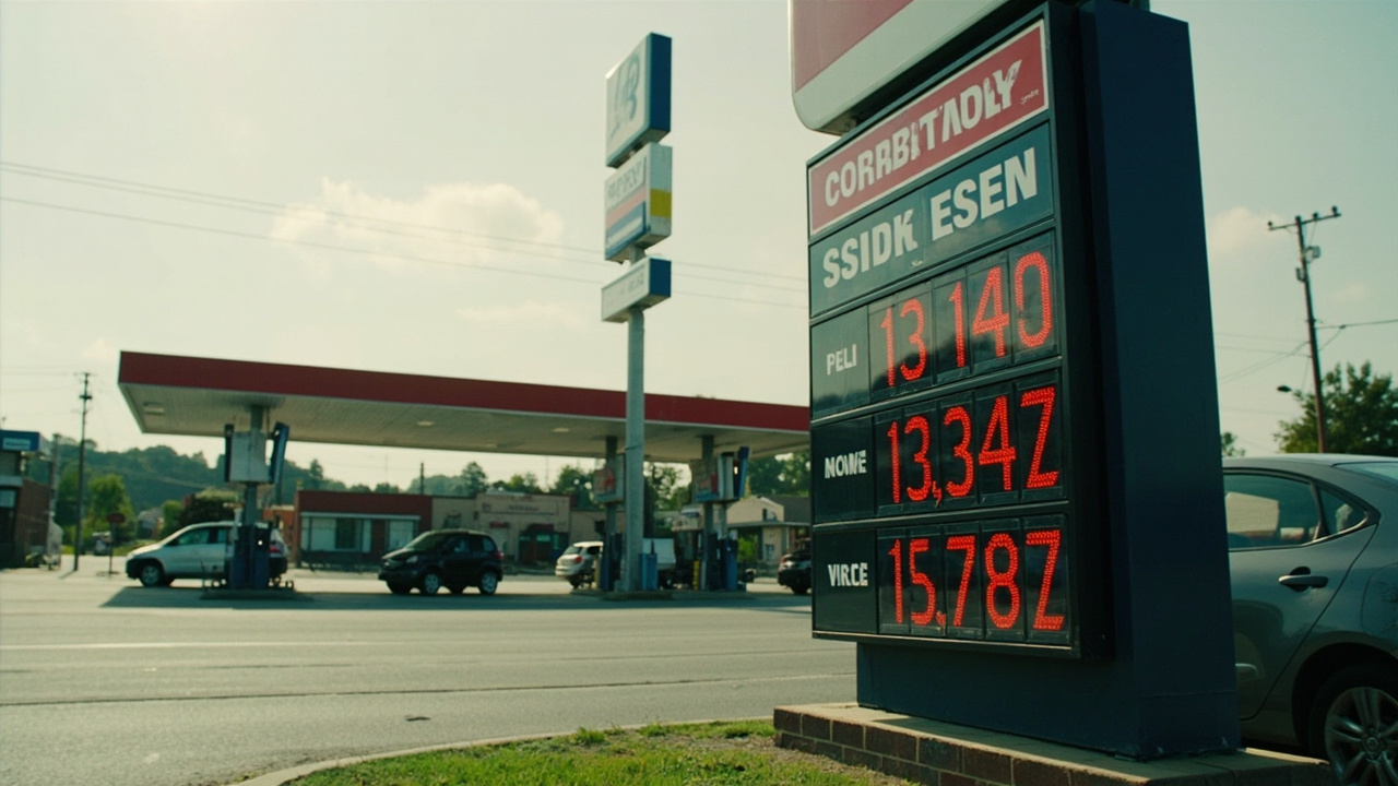 A US gas station price sign showing high fuel prices, cars at pumps in background