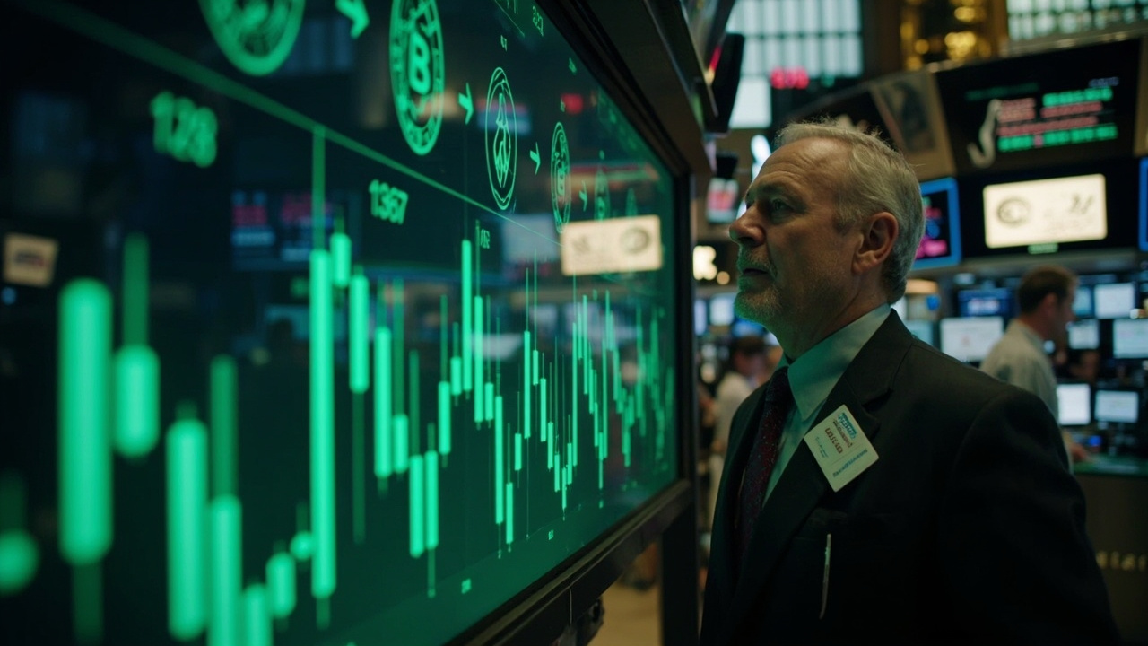 Stock market display boards showing rising green arrows in a financial district, traders visible below