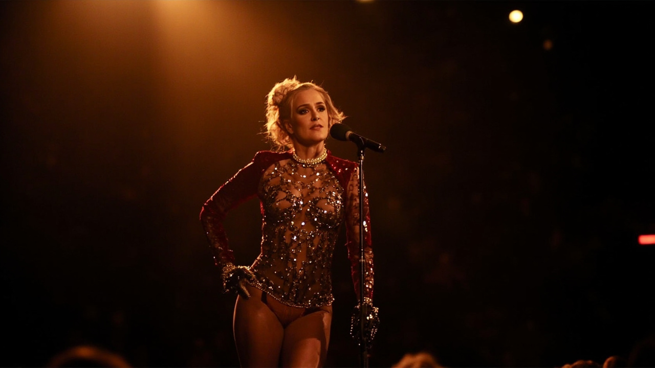 Jean Smart as Deborah Vance on the Hacks set, under stage lights, in a sequined performance costume