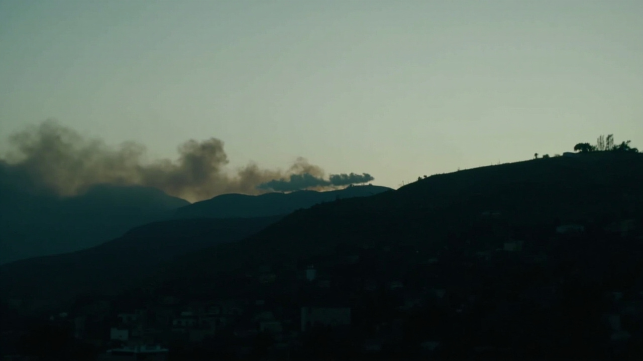 Smoke rising from a village in southern Lebanon with Israeli military positions visible on a hillside at dusk