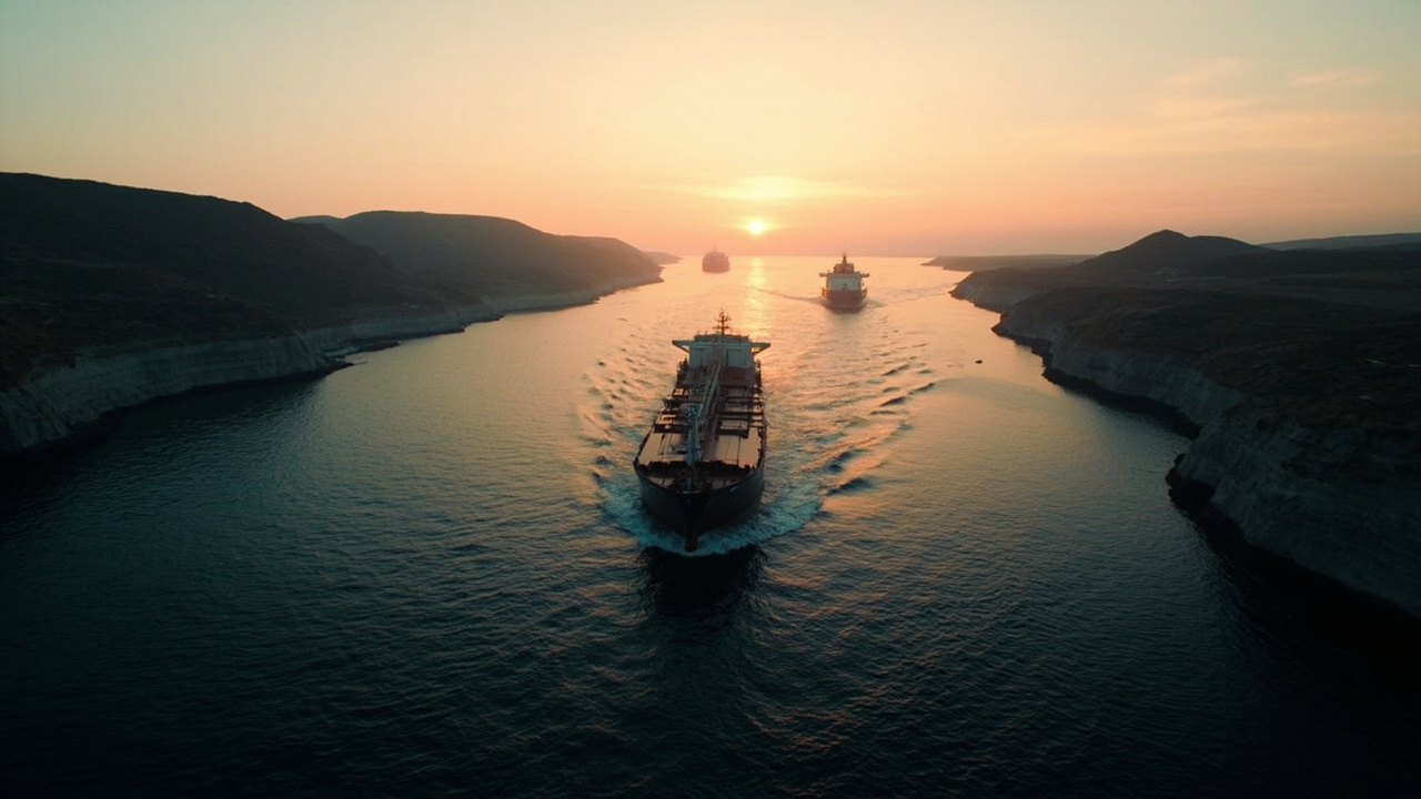 A large tanker vessel entering the Strait of Hormuz at dawn, the Iranian coastline visible in the distance, other vessels in the shipping lane